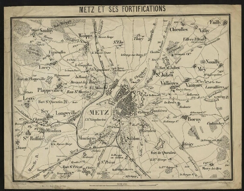 Metz. Plan de Metz et ses fortifications, recto.
Échelle 1/20 000.