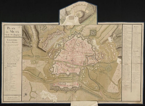 Metz. Plan de Metz et de ses projets recto, retombes relevées.
1742. Plan pour obliger l'ennemi à attaquer par Belle-Croix ; Inondation de la Seille.