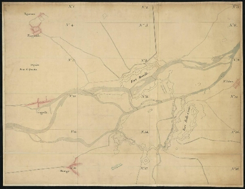 Metz. Canevas des 18 bandes de lever nivelé de la place et des environs, recto.
1816-1821.