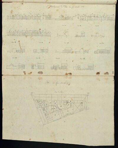 Metz. Cahier N : ville, fortifications. Folio 15, recto.
Plan et développement de l'îlot du fort Moselle (îlot n°2, longeant la rue de Paris).