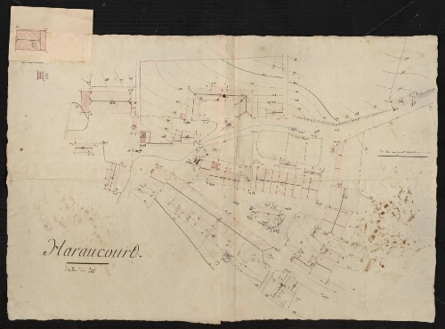 Marsal. Plan de Haraucourt, recto.
Plan des maisons neuves 42, 43, et des bâtiments 15 à 41.