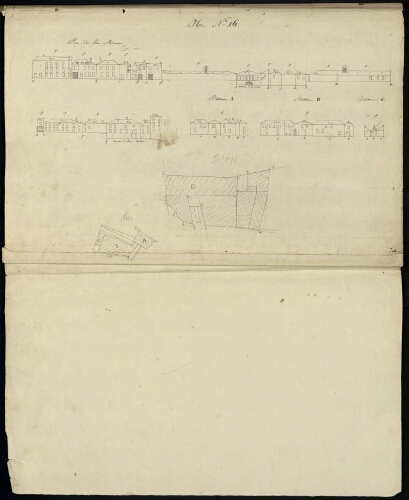Metz. Cahier A : ville. Folio 2, recto.
Plan et développement de l'îlot n°16 longeant la rue du Pont Moreau.