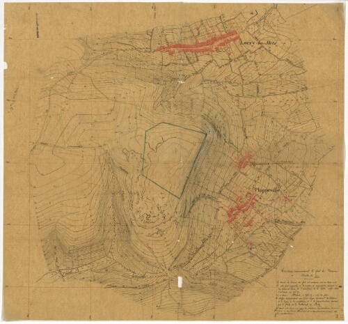 Metz. Plan du terrain environnant le fort de Carrières avec courbes de niveaux, comprenant les communes de Lorry-les-Metz, Tignomont, Plappeville. Échelle de 1/5000.