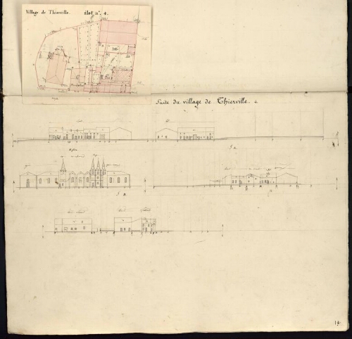 Verdun. Cahier J : Campagne. [Folio] 4 [recto, rabat déplié] Plan et développement du village de Thierville, ilot n°4