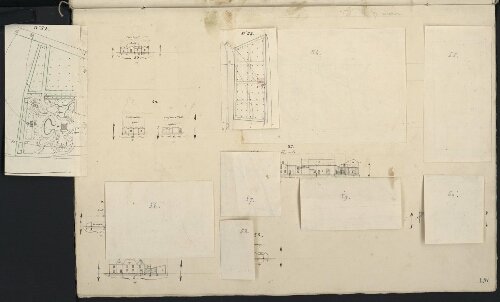 Verdun. Cahier I : Campagne. [Folio] 6 [recto, les deux premiers rabats en haut à gauche dépliés] Plan et développement des îlots n°52 et 53