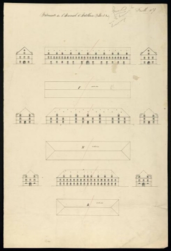 Metz. Nouveau cahier 1. Folio 8, recto.
Plans et élévations de bâtiments de l'arsenal d'artillerie.