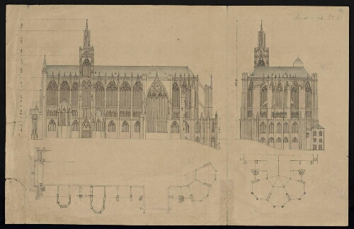 Metz. Cahier J : ville, fortifications. Folio 1, recto.
Îlot 47 Plans et élévations de la cathédrale de Metz.