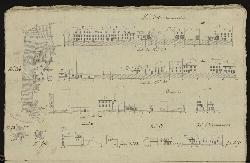 Bitche. Cahier : maisons et édifices. Folio 11, verso.
Relevés des îlots 34, 57, 58.