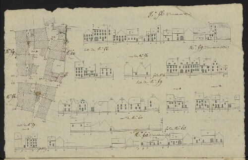 Bitche. Cahier : maisons et édifices. Folio 13, verso.
Relevés des îlots 56, 59, 60.