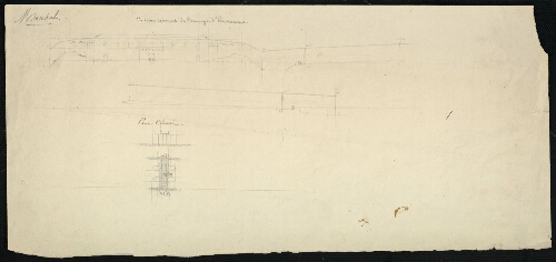 Marsal. Plan de la caserne d'Haraucourt, recto.
Profils de la caserne casematé de l'ouvrage d'Haraucourt. Plan et élévation du pont éclusé.