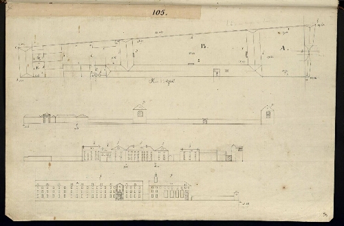 Metz. Cahier I : ville. Folio 5, recto.
Plan et développement de l'îlot n°105 longeant la rue d'Asfeld.