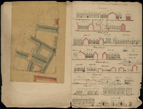 Metz. Nouveau cahier 4. Folio 5, verso.
Plan et élévations de l'École d'application de l'artillerie et du génie.