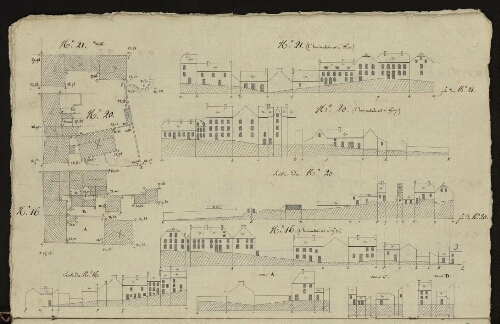 Bitche. Cahier : maisons et édifices. Folio 5, verso.
Relevés des îlots 20, 21, 16 et de ses cours A, C, D.