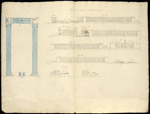 Metz. Nouveau cahier 4. Folio 1, verso.
Plan et développement des bâtiments de la caserne du génie.