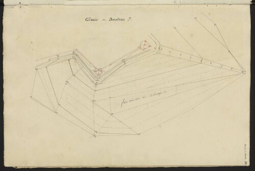 Bitche. Cahier : fortifications nouvelles. Relief de BitchE. Folio 15, recto.
Plan. Glacis du Bastion 7.