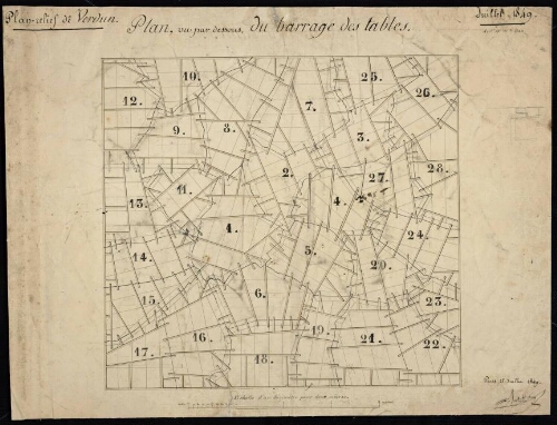 Verdun. [verso] Plan-relief de Verdun ; Plan, vu par dessous, du barrage des tables ; Juillet 1849 - Paris 25 juillet 1849