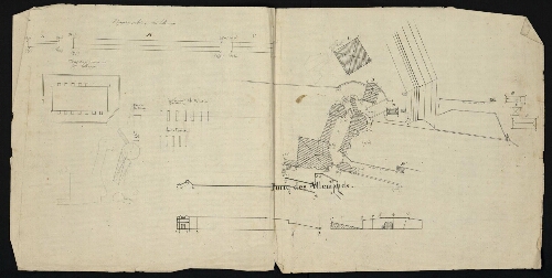 Metz. Cahier J : ville, fortifications. Folio 4, verso.
Plans de la Porte des Allemands et d'une partie du fort belle croix.