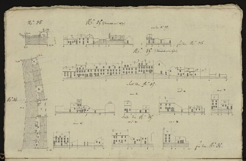 Bitche. Cahier : maisons et édifices. Folio 9, verso.
Relevés des îlots 25, 35.