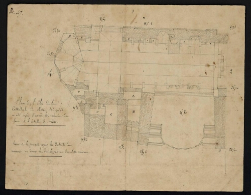 Metz. Cahier J : ville, fortifications. Folio 3, recto.
Îlot 47 : Plan de l'îlot de la cathédrale de Metz.