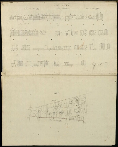 Metz. Cahier M : ville. Folio 1, recto. 
Plan et développement de l'îlot n°1 compris entre le rempart, rue Braillon et la rue du Pont-Iffroy.