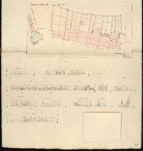 Verdun. Cahier J : Campagne. [Folio] 7 [recto, rabat supérieur déplié] Plan et développement du village de Thierville, ilot n°7