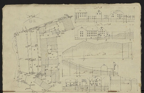 Bitche. Cahier : maisons et édifices. Folio 15, verso.
Relevés de l'îlot 48 et de ses cours A et B.