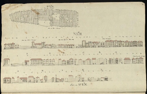 Metz. Cahier D : ville. Folio 4, verso.
Plan et développement de l'îlot n°131 compris entre la rue Champé, rue de l'épaisse muraille et la rue du Petit Champé.