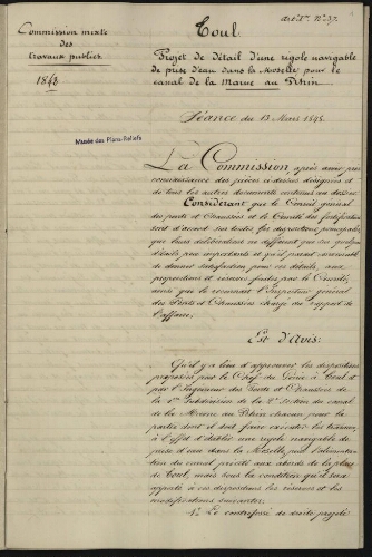 Toul. [page 1] Commission mixte des travaux publics. 1848. Toul. Projet de détail d'une rigole navigable de prise d'eau dans la Moselle pour le canal de la Marne au Rhin.