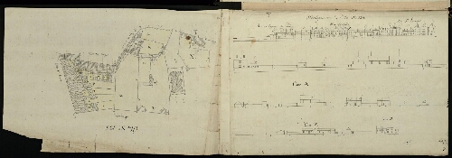 Metz. Cahier B : ville. Folio 4, verso.
Suite de l'îlot n°135 ; Plan de l'îlot n°135 compris entre les rues St Eucaire, Mabille, de l'Epaisse muraille et le rempart.