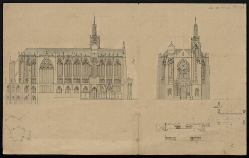 Metz. Cahier J : ville, fortifications. Folio 2, recto.
Îlot 47, suite et fin des plans et élévations de la cathédrale de Metz.