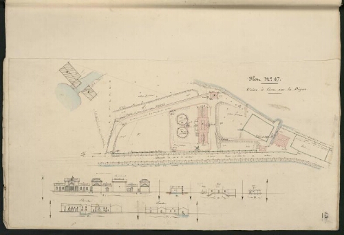 Verdun. Cahier F : Ville. [Folio] 13 [recto] Plan et développement de l'îlot n°47 ; Usine à Gaz sur la Digue