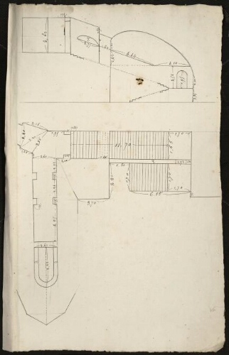 Bitche. Folio 2, recto.
Plan avec élévations d'un ouvrage avec voûte et escaliers.