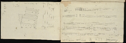 Metz. Cahier H : ville. Folio 6, recto.
Plan et développement de l'Arsenal d'artillerie et de ses ponts ; 1ère feuille.