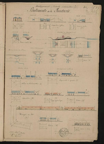 Metz. Nouveau cahier 17. Folio 3, recto.
Plan et élévations des bâtiments de la poudrerie.