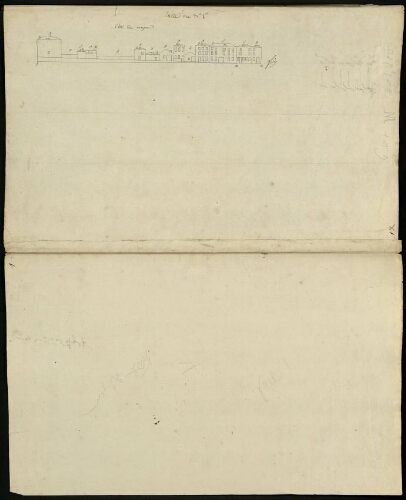 Metz. Cahier M : ville. Folio 1, verso.
Suite et fin du développement de l'îlot n°1 : bâtiments côté du rempart.
