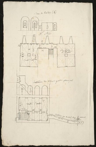 Bitche. [Folio 1, verso]
Plan avec élévations pour le bastion (2), 3e étage. Plan et élévation du souterrain du corps de garde principal.
