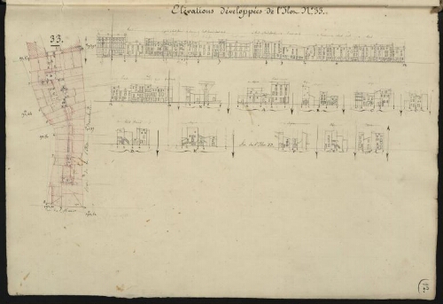 Toul. Cahier D : Ville. [Folio] 12 [recto] Plan et développement de l'îlot n°33, compris entre la rue de la Petite Boucherie et la rue du Murot.