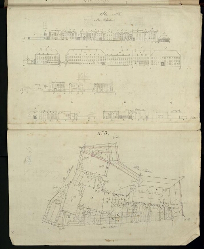 Metz. Cahier L : ville. Folio 6, verso.
Plan et développement de l'îlot n°3 compris entre la rue Chambière et la rue St Médard.