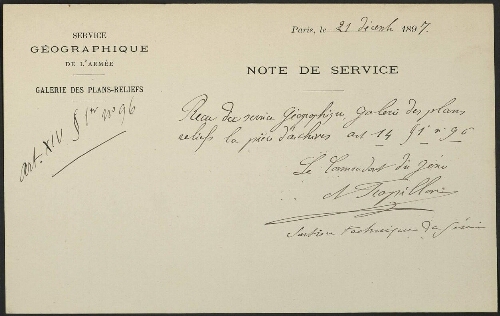Metz. Note de service ; reçu du service géographique, recto.
Galerie des plans-reliefs. 1897.