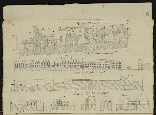 Bitche. Cahier : maisons et édifices. Folio 7, verso.
Relevés de l'îlot 24 et de ses cours A, B, C, D, E.