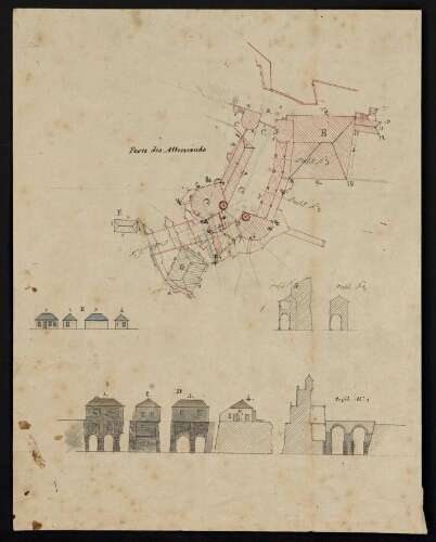 Metz. Cahier J : ville, fortifications. Folio 5, recto. 
Plan de la Porte des Allemands ; développement de bâtiments.
