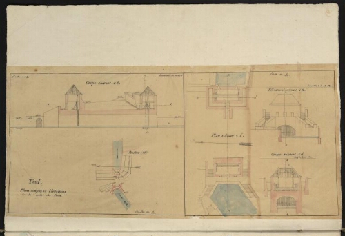Toul. Cahier B : Bâtiments militaires, ponts. [Folio] 5 [verso] Toul. Plans coupes et élévations de la sortie des eaux.