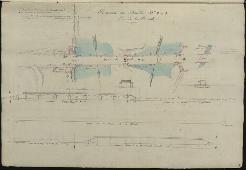Toul. Cahier G : Campagne. [Folio] 11 [recto] Raccord des bandes n°2 et 3. Plan et développement du pont de la Moselle.