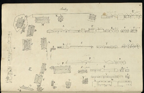 Metz. Cahier D : ville. Folio 8, verso.
Plan et développement des bâtiments du Saulcy ; corps de garde a, Q', R'.