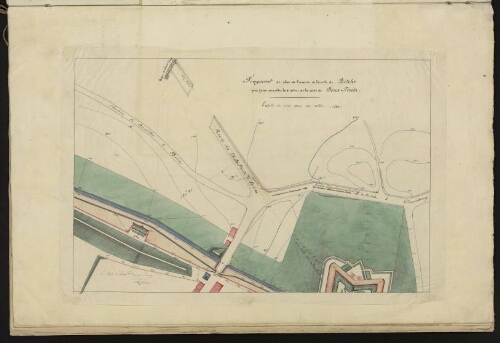 Bitche. Cahier : fortifications nouvelles. Folio 2, verso.
Fragment du plan de l'enceinte de la ville de Bitche pour faire connaître la direction de la route des Deux-Ponts.