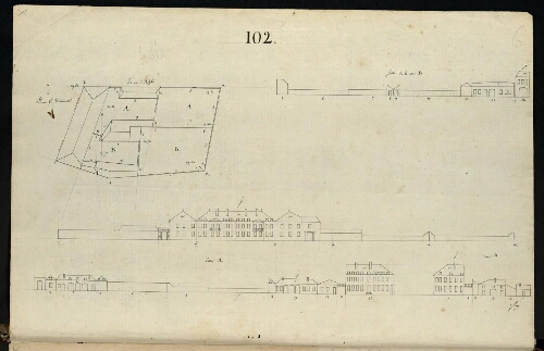 Metz. Cahier I : ville. Folio 4', verso.
Plan et développement de l'îlot n°102 compris entre la rue d'Asfeld et la Place St Thiébault .