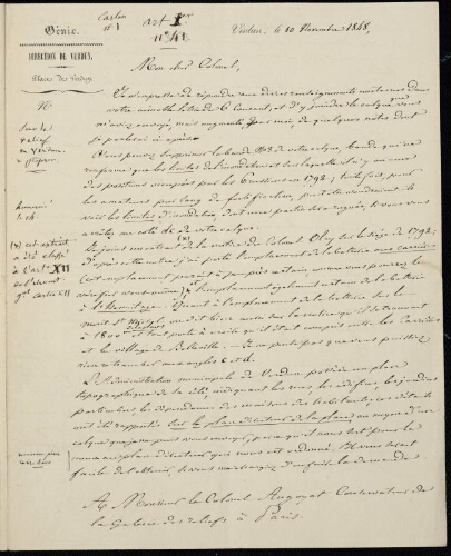 Verdun. [Feuille 1 recto, p. 1] - [Lettre adressée à] Monsieur le colonel Augoyat conservateur de la Galerie des reliefs à Paris - Verdun, le 10 novembre 1848