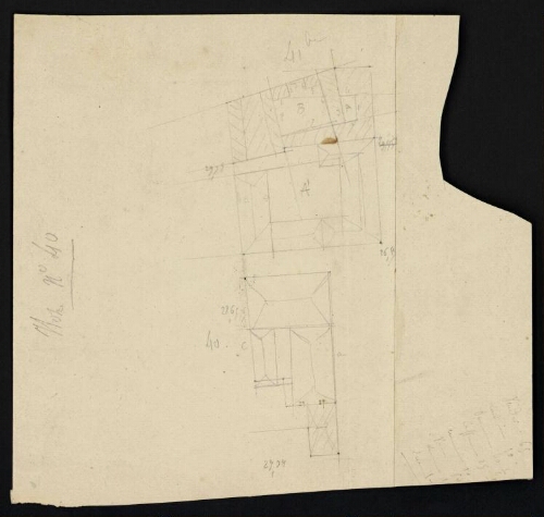 Metz. Cahier J : ville, fortifications. Folio 7, recto. 
Esquisse de plan des îlots 40 et 41bis.