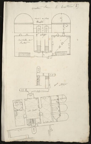 Bitche. Folio 1, recto.
Plan avec élévations de la voûte pour le bastion (2) et du 1er étage.