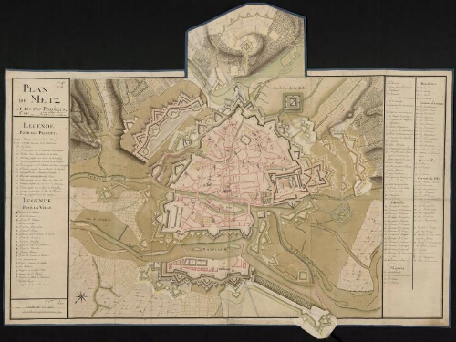 Metz. Plan de Metz et de ses projets, recto, retombes rabattues.
1742. Plan pour obliger l'ennemi à attaquer par Belle-Croix ; Inondation de la Seille.